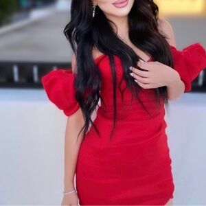 Red mini off shoulder cocktail  dress structured back
Size small